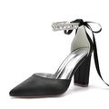 Women Pointed Toe Satin Bridal Shoes Block Chunky Heel Wedding Pumps Rhinestones Ribbon Tie Evening Party Dress Shoes,Black,7 UK