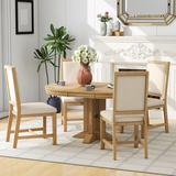 Gracie Oaks 5-Piece Dining Set Extendable Round Table & 4 Chairs Farmhouse Dining Set For Kitchen, Dining Room /Upholstered in Brown | Wayfair