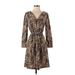 Merona Casual Dress - A-Line V Neck 3/4 sleeves: Brown Leopard Print Dresses - Women's Size X-Small