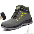 Green Men's Work Boots Steel Toe Slip Resistant Safety Oiled Leather Shoes Breathable Quick