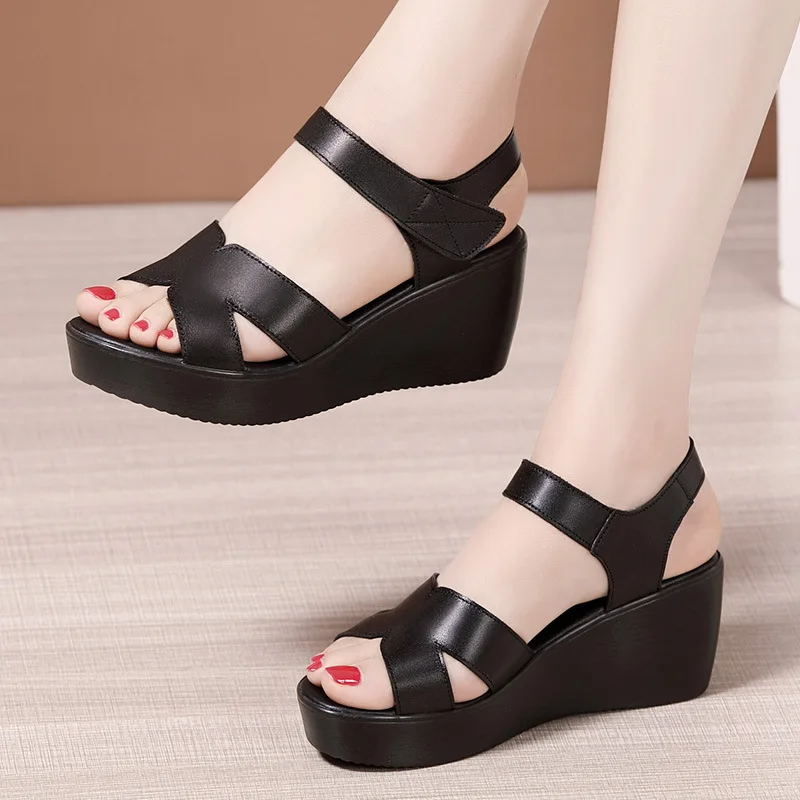 Small Plus Size 33-43 Soft Leather Shoes Women Med Heels Wedges Sandals 2026 Summer Thick Platform Sandals Office Beach Mom