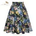 SISHION Animal Raccoon Floral Printed Women Cotton Skirt VD0020 High Waist Black Flowers 50s 60s