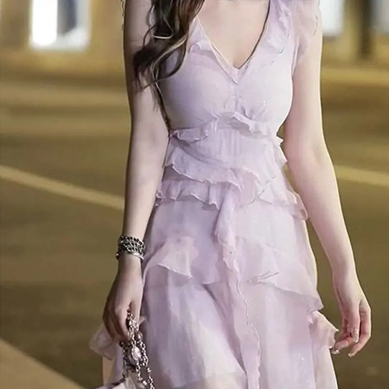 Fairycore elegante Rüschen Patchwork Kleider weibliche Kleidung sexy V-Ausschnitt Mode asymmetrische Sommer ärmellose A-Linie Midi-Kleid