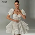 Xijun-Robe de Soirée Courte Blanche Ligne A Mini Tenue de Mariage Manches Amovibles Bal de