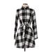 Fancyinn Casual Dress - Shirtdress High Neck Long sleeves: Gray Checkered/Gingham Dresses - Women's Size Small