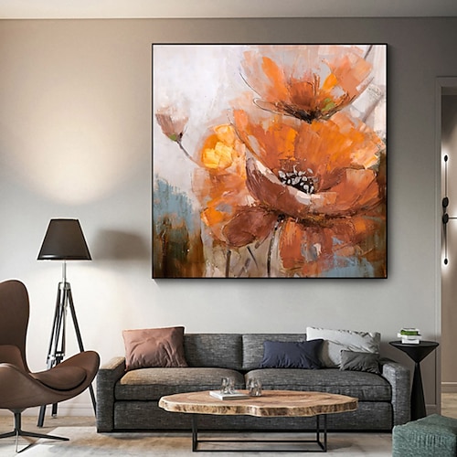 Handgefertigtes Ölgemälde auf Leinwand, Wandkunst, Dekoration, moderne große orangefarbene Blume für Wohnzimmer, Wohnkultur, gerollt, rahmenlos, ungedehnt Image