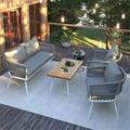 4 Pieces Rope Patio Furniture Set Outdoor Furniture with Acacia Wood Table Patio Conversation Set with Deep Seating & Thick Cushion for Backyard Porch Balcony Grey