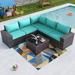 Outdoor Patio Furniture Set 6 Pieces Sectional Rattan Sofa Set Brown PE Rattan Wicker Patio Conversation Set with 5 Navy Blue Seat Cushions and 1 Tempered Glass Table