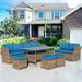 UEV 7 Piece Patio Outdoor Furniture Set Outdoor Dining Sectional Sofa Couch with Dining Table & Chair and Ottoman Patio Clearance Sets Patio Dining Furniture Set(Grey Rattan/Blue Cush