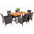 PHI VILLA 6 Piece Outdoor Wooden Dining Set for 6 1 Acacia Wood Dining Table & 1 Bench 4 Cushioned Rattan Dining Chairs Farmhouse Furniture Set for Patio Yard Deck Porch