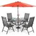 & William Outdoor 6 Pieces Dining Set with 4 Rattan Chairs 1 Metal Table and 1 10ft 3 Tier Auto-tilt Umbrella(No Base) Orange Red Modern Patio Furniture for Poolside Porch Patio