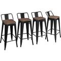 U-SHARE 30 Metal Barstools Set of 4 Bar Height Bar Stools with Wooden Top Low Back Industrial Bar Stools Metal Stool for Indoor-Outdoor Counter Stools with Wooden Seat Matte Black