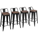 U-SHARE 30 Metal Barstools Set of 4 Bar Height Bar Stools with Wooden Top Low Back Industrial Bar Stools Metal Stool for Indoor-Outdoor Counter Stools with Wooden Seat Matte Black