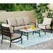 VILLA 4 Piece Patio Conversation Sets Outdoor Deluxe Metal Furniture Patio Set with 3 Seater Padded Deep Seating Bench 2 Swivel Cushioned Armrest Sofa Chairs and 1 Good-Looking Coffee