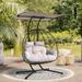 FKSLIFE Outdoor Indoor Double Hanging Wicker Egg Chair Swing With Stand Canopy Cushion for Patio Garden Bedroom Living Room Max 620lbs