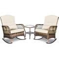 3 Pieces Patio Conversation Set w/ 2 Rattan Wicker Rocking Chairs and Glass Table for Garden Backyard Lown Porch (Green)