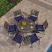 PURPLE LEAF Outdoor Dining Set Cast Aluminum 7-Piece Patio Furniture Set with 6 Dining Armchairs and 47 Round Table 6 Cushions Included for Lawn Yard Garden Lattice Navy Blue Pati