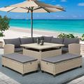 GODAFA 6-Piece Outdoor Patio Furniture Weather PE Rattan Conversation Sectional Sofa Dining Set w/Table and Benches for Backyard Porch Poolside Brown