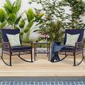YFbiubiulife 3 Pieces Patio Set Outdoor Rocking Chairs Wicker Cushioned Patio Rocker with for Porch Garden Poolside & Deck Blue