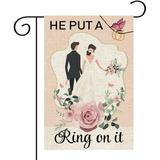 HGUAN Just Married Garden Flag Vertical Double Sided Wedding / Engagement / Bridal Shower Party Decoration Yard Sign Welcome to Our Wedding Decor Banner for Home Outdoor Yard Lawn 12 x