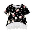 Virmaxy Toddler Girls Spring Summer T-shirt Kids Shirt Crewneck Lace Tee Layered Floral Print Short Sleeve Cute Kids Blouse Tops Black 13Y