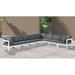 Ebern Designs Otilla 150" Wide Outdoor Right Hand Facing Patio Sectional w/ Cushions Metal in Gray/White/Blue | 34 H x 150 W x 120 D in | Wayfair