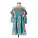 Flying Tomato Casual Dress - A-Line High Neck 3/4 sleeves: Teal Print Dresses - Women's Size Small