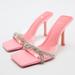 Zara Shoes | New! Zara Vinyl Pink Heels With Rhinestone Bow | Color: Pink/Silver | Size: 9