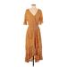 Kori America Casual Dress - Midi V Neck 3/4 sleeves: Orange Stripes Dresses - Women's Size Small