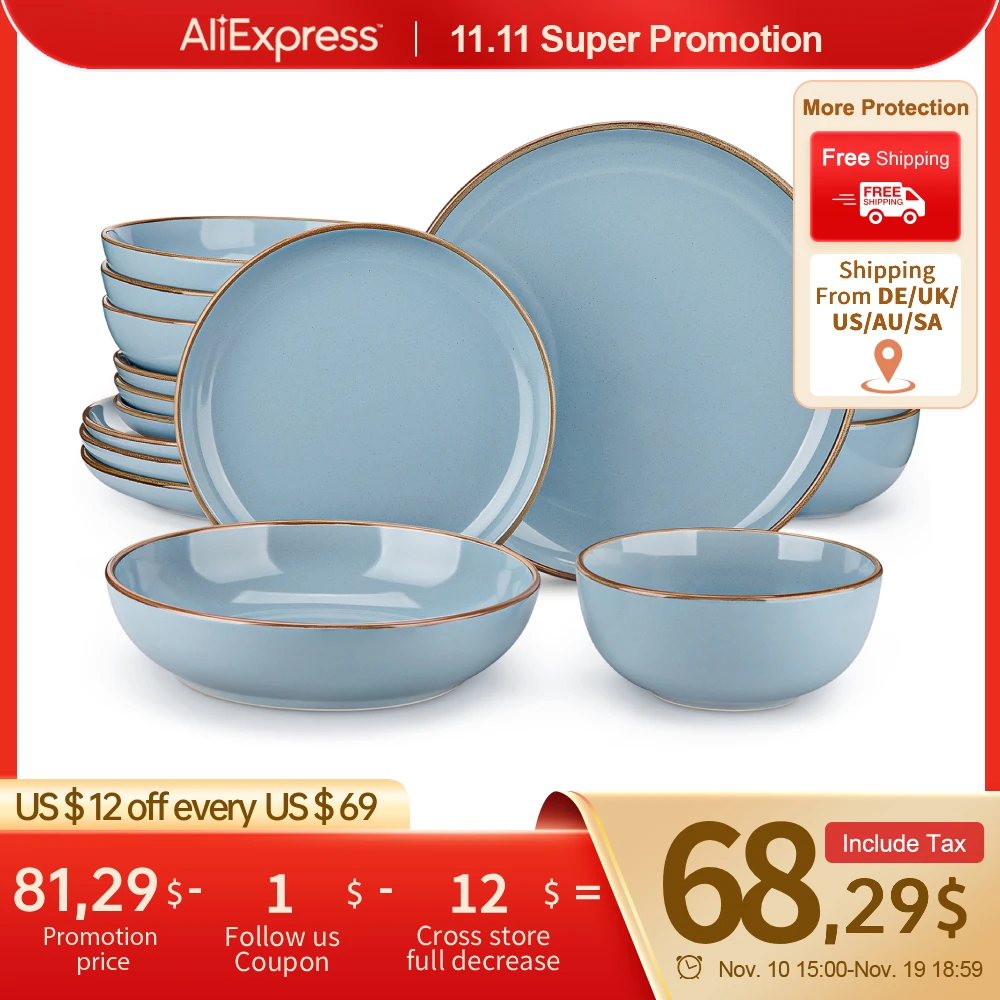 VANCASSO NYMPH 16/32 Piece Ceramic Glaze Tableware Set with Dinner/Dessert/Soup Plate/Bowl For 4/8 Person 4 Color Optional