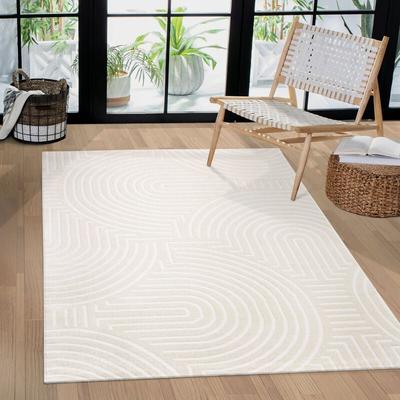 Teppich Wohnzimmer Schlafzimmer Kurzflor Skandi Muster Arche Bogen Einfarbig 3D 160x220 cm, Creme 2 Image
