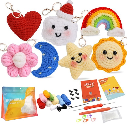 Anfängerset zum Häkeln mit Schritt-für-Schritt Videoanleitungen Strickset für Anfänger Süßer Sonnenregenbogen Stern Mond Liebe Anhänger Handgemachte Wolle Häkeln Material Tasche Weihnachtsgeschenk
