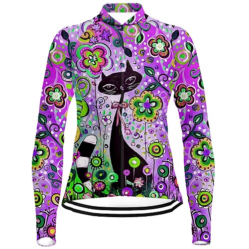 Damen Radtrikot Katze Blumenmuster Langarm Fahhrad Trikot Oberteil mit 3 Gesäßtaschen Mountainbike MTB Straßenradsport Schnelltrocknend Reflektierende Streifen Rückentasche Feuchtigkeitsableitend Image