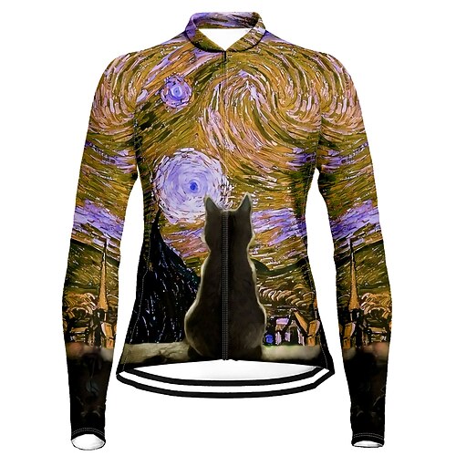 Damen Radtrikot Katze Lustig Langarm Fahhrad Trikot Oberteil mit 3 Gesäßtaschen Mountainbike MTB Straßenradsport Schnelltrocknend Reflektierende Streifen Rückentasche Feuchtigkeitsableitend Sport Image