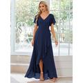 A-Line Wedding Guest Dresses Casual Dress Party Dress Wedding Party Asymmetrical Short Sleeve V Neck Bridesmaid Dress Chiffon with Ruffles Pure Color 2024