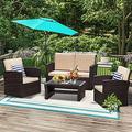 YZboomLife 4 Piece Outdoor Patio Sets Wicker Rattan Conversation Sofa Set with Table & Chair for Backyard Balcony Garden Poolside Porch (Brown-Beige)