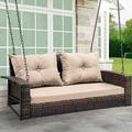 YZboomLife 2-Seats Wicker Hanging Porch Swing Chair Outdoor Gray Rattan Patio Swing Lounge w/ 2 Back Cushions Capacity 530lbs for Garden Balcony Living Room Gray Rattan Black Cushion