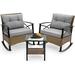 YZboomLife Outdoor Rocking Chairs Set - 3 Pieces Patio Outside 2 Wicker Rocker Chairs with Grey Cushions and Table for Porch Lawn