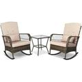 YZboomLife 3 Pieces Patio Conversation Set w/ 2 Rattan Wicker Rocking Chairs and Glass Table for Garden Backyard Lown Porch (Beige)