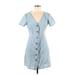 Just Fab Casual Dress - Mini V-Neck Short sleeves: Blue Print Dresses - Women's Size Medium