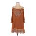 J Gee Casual Dress - Mini Cold Shoulder 3/4 sleeves: Brown Print Dresses - Women's Size X-Large Petite