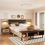 Queen Size Wood Platform Bed with Upholstered Headboard and 2 Storage Nightstands, Modern Bed Frame with Lights & Storage Bench