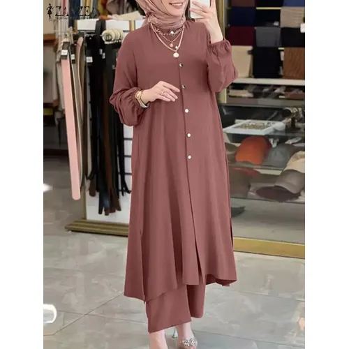 ZANZEA Türkische Bluse Anzüge Isamic Kleidung Mode Langes Hemd Lose Hosen Moslemisches Abaya Set