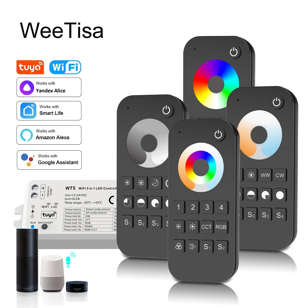5 in 1 LED Streifen Controller 12V 24V DC Tuya Smart Leben WIFI 2,4G RF Fernbedienung WT5 für DIM RGB CCT RGBW RGBWW RGBCCT Licht