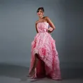 Robe de Princesse Rose Longue et Basse à Fleurs 3D Tenue de Bal Sans Bretelles à Plusieurs