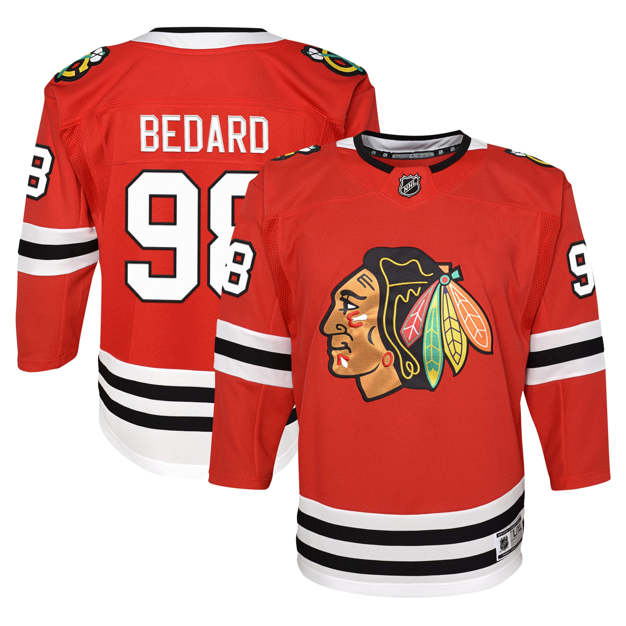 Rotes Chicago Blackhawks-Heimtrikot mit Connor Bedard für Jugendliche Image