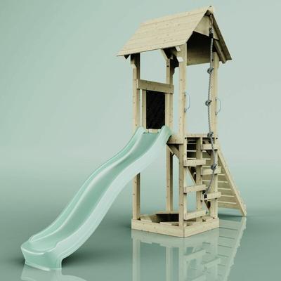 Rebo Spielturm aus Holz mit Wellenrutsche Outdoor Klettergerüst mit Plattform und Kleterseil