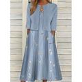Robe Midi Femme Ensemble de Deux Pièces Robe Décontractée Robe Imprimée Quotidienne Mode Élégante Imprimé de Poche Col Ras du Cou Manches Mi-Longues Florales Ajustement Régulier Rose Bleu Bleu Ciel