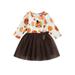 Canis A-Line Dress for Girls featuring Thanksgiving PumpkinTurkey Print and Long Sleeves