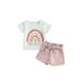 Canis Stylish Baby Girls Shorts Set with Rainbow Letters Print T-shirt and Waist Tie Shorts